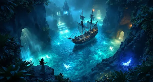 Prompt: Aerial night view of a turquoise pool surrounded by lush tropical plants and rocky cliffs with a floating pirate galleon .Mist. Beneath the surface mythical creatures can be seen : luminescent and translucent fairies and mermaids dressed in veils swimming gracefully and a ghostly , translucent - luminescent castle in the depths.