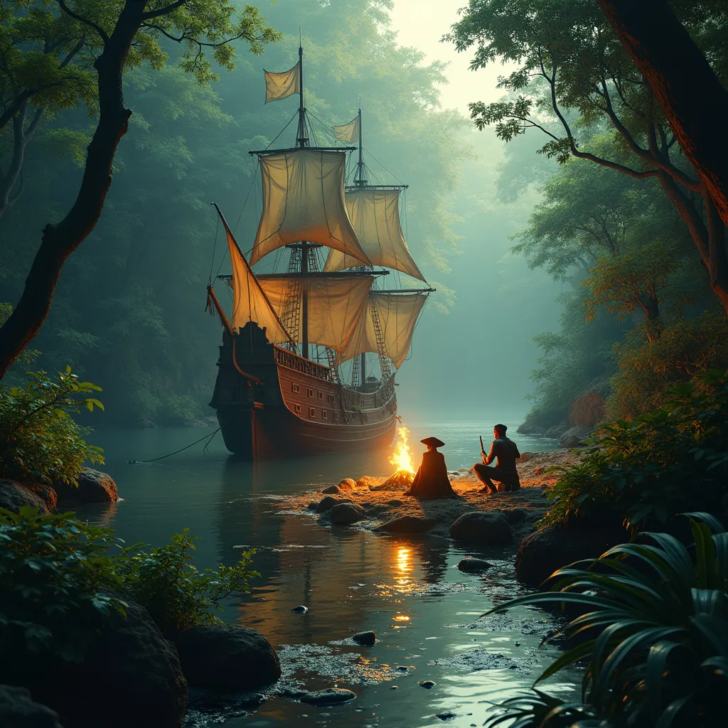 Prompt:  A pirate galleon anchored on a mysterious jungle river in Neverland , surrounded by lushy vegetation . Captain Hook and his crew of pirates sit around a campfire  , mist , golden sunlight