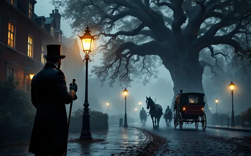 Prompt: A gentleman wearing a top hat , tailcoat and holding a cane waits in front of an english house under a lit streetlamp. It's a foggy evening with glowing streetlamps and a horse-drawn carriage passing on the wet cobblestone street. A massive ancient tree.