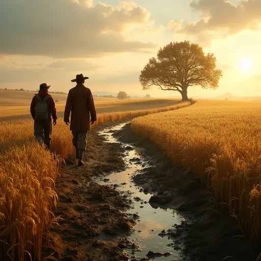 Prompt: a winding trail through a wheat field covered mud and puddles on which two peasants walk lit by sun. Oaks are scattered in the wheat field . Lit by sun