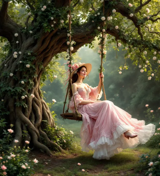 Prompt: A scene set in a lush, enchanted, misty garden in the rococo style - in the style of 19th-century realism overflowing with greenery and delicate flowering plants. In the center a young woman in an extravagant and voluminous flowing pink and white dress is joyfully swinging on a rope swing with white flowers coiled on the ropes . The swing is tied on an old , gnarled, thick and knotty tree with extremely dense and lush foliage made up of small, deep green leaves alternating with lighter , slightly yellowish tones where the sunlight penetrates more strongly .Some branches are adorned with small white or cream flowers adding a delicate aspect to the dense crown .
The woman's dress is voluminous with intricate lace details and her posture is carefree and elegant. On her head she wears a wide-brimmed hat in a light beige color decorated with pink flowers and ribbons that sway lightly in the air . Beneath the generous skirt glimpses of white petticoats and her delicate ankles can be seen along with pink shoes with pointed toes and elegant bows. Her face shows a playful, delighted expression. A man lies hidden among the bushes at the lower left looking up towards her. His outstretched arm and removed hat suggest admiration and a flirtatious undertone. Meanwhile another figure an older man is partly hidden in the darker foliage to the right. He pushes the swing forward by pulling on the ropes.
Marble statues enhance the romantic mood : on the eft a statue of a cupid figure appears to be watching the scene mischievously while two more cherubs are seen near the base of the swing one holding a finger to his lips as if signaling secrecy. 
The background is filled with dense, richly textured trees that frame a soft glowing sky. The whole scene is bathed in a dreamy, soft light with a strong play of highlights and shadows that give it an almost magical atmosphere. The overall tone is playful, sensual and full of the frivolous spirit typical of the rococo era.