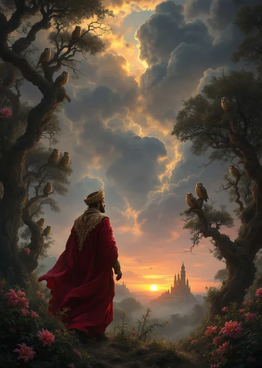 Prompt: A man dressed in a sumptuous caliph costume wearing an ornate turban and a flowing cloak walking beside his loyal servant in an enchanted lush forest with trees with swirling branches . Pink lilies . Tens of owls perched on tree branches . Mist. An Arabian palace in the distance above the treetops. Blood-red sunset. The most striking element is the sky . Thick, billowing clouds stretch across the sky, heavy and textured with tones of grey, brown, and hints of blue. These clouds seem to part just enough to reveal a glowing band of soft, golden-yellow light near the horizon, suggesting either a sunrise or a sunset. This light gently spills across the landscape, casting a muted radiance that enhances the depth and mystery of the scene. The style of 19th-century realism .