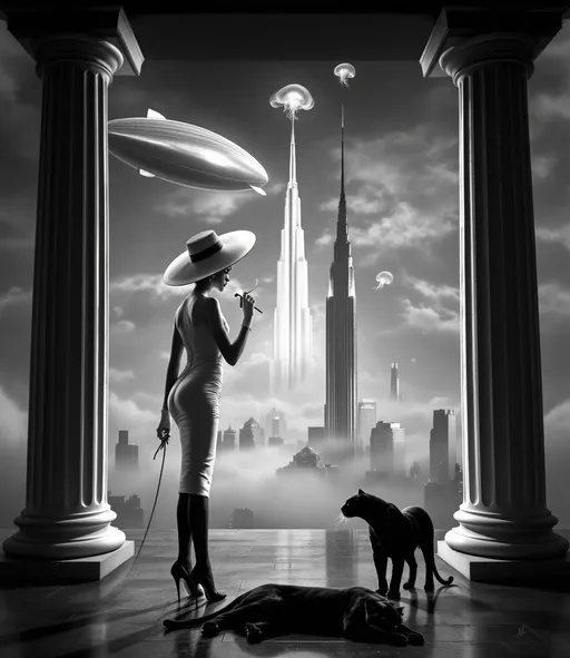 Prompt: A perspective framed by four enormous Greek columns, an open platform overlooking a cloud-covered city with towering skyscrapers. One column partially visible stands prominently in the foreground while the other three recede into the background. The statue of David on a pedestal. Rising from the misty cityscape a towering Art Deco skyscraper dominates the skyline. Giant jellyfish floating in the air. Above partially visible between the columns in the foreground a massive retro-futuristic metallic zeppelin floats silently. On the platform a slender woman wearing a tight white knee-length skirt and a black tailored suit with large white lapels, a huge hat with very wide, flat brims, elbow-length white gloves, stockings and high-heeled shoes holding a long cigarette holder with a lit cigarette is elegantly walking a black panther on a leash. Another majestic black panther lies stretched out next to a column. Mist. Dramatic sky at sunset. Dramatic lighting. Dramatic shadows. Black and white