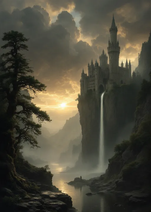 Prompt: A majestic ruined castle  growing out of a steep rocky cliff , seamlessly blending with the stone . A tall waterfall cascading down from the cliff beside it surrounded by mist . Mist. Massive, gnarled , old, lushy trees . Surreal atmosphere.
The most striking element is the sky . Thick, billowing clouds stretch across the sky, heavy and textured with tones of grey, brown, and hints of blue. These clouds seem to part just enough to reveal a glowing band of soft, golden-yellow light near the horizon, suggesting either a sunrise or a sunset. This light gently spills across the landscape, casting a muted radiance that enhances the depth and mystery of the scene.. The style of 19th-century realism.