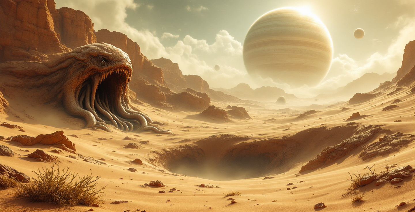 Prompt: Sand dunes on a extraterrestrial planet. Open mouths and writhing tentacles emerging to the sky from pits in the sand . Dynamic, cinematic , alien desert landscape , surreal atmosphere . Mist. Rocky cliffs . A giant, ringed, gaseous planet with giant satellites visible in the space .