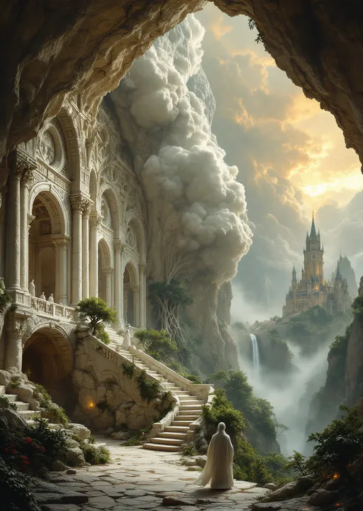 Prompt: The interior of a temple carved into a white stone huge cave with ornate columns and arches sculpted from the same white rock. White robed priests with white hair. The cave opens to a breathtaking view of rocky cliffs covered with an enchanted , mysterious, lush forest with gnarled, lush, magical trees with tangled web of roots emerging from the ground . In the distance a towering fairy tale style castle. Mist. Waterfalls. The most striking element is the sky . Thick, billowing clouds stretch across the sky, heavy and textured with tones of grey, brown, and hints of blue. These clouds seem to part just enough to reveal a glowing band of soft, golden-yellow light near the horizon, suggesting either a sunrise or a sunset. This light gently spills across the landscape, casting a muted radiance that enhances the depth and mystery of the scene. The style of 19th-century realism.