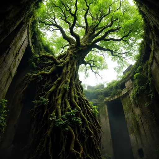 Prompt: A massive, gnarled and lush tree with an intricate web of roots growing inside a ruined, vast, dark, industrial chimney where light  barely penetrates. Mist. Walls covered in creeping vines and moss .