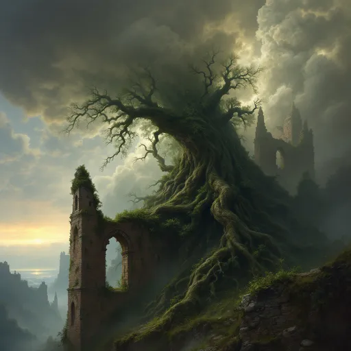 Prompt: A massive, gnarled and lush tree with an intricate web of roots growing inside a ruined, vast, dark cathedral. Mist. Walls covered in creeping vines and moss . The most striking element is the sky . Thick, billowing clouds stretch across the sky, heavy and textured with tones of grey, brown, and hints of blue. These clouds seem to part just enough to reveal a glowing band of soft, golden-yellow light near the horizon, suggesting either a sunrise or a sunset. This light gently spills across the landscape, casting a muted radiance that enhances the depth and mystery of the scene. The style of 19th-century realism.