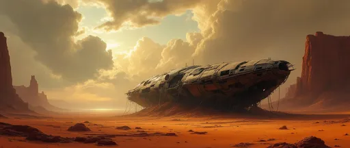 Prompt: A painting in the style of 19th-century realism. The wreck of a crashed sci-fi spaceship in a vast, misty desert half-buried under red sand. Exposed cables dangle from the hull with torn and missing panels revealing the ship's inner framework. Red sand cliffs .The most striking element is the sky . Thick, billowing clouds stretch across the sky, heavy and textured with tones of grey, brown, and hints of blue. These clouds seem to part just enough to reveal a glowing band of soft, golden-yellow light near the horizon, suggesting either a sunrise or a sunset. This light gently spills across the landscape, casting a muted radiance that enhances the depth and mystery of the scene. A painting in the style of 19th-century realism.