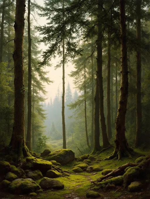 Prompt: A dense forest landscape in the style of 19th-century realism with towering trees and lush greenery. The scene is bathed in soft, diffused light that filters through the canopy, casting a serene and slightly mysterious atmosphere.

The foreground features a collection of moss-covered rocks and fallen branches, adding texture and depth to the composition. The ground is blanketed in a vibrant green carpet of moss, creating a rich contrast against the earthy tones of the tree trunks.

Tall, slender coniferous trees dominate the midground, their trunks extending vertically towards the sky. The branches are sparsely covered with dark green needles, giving the forest an airy yet dense feel. Some of the trees have exposed roots and weathered bark, indicating age and the passage of time.

In the background, more trees fade into the distance, gradually becoming obscured by atmospheric perspective. The interplay of light and shadow creates a sense of depth, making the forest appear vast and untouched.

The overall mood of the scene is tranquil, yet there is an underlying sense of mystery, as the dense thickets suggest hidden secrets within the woodland. The careful attention to detail, realistic textures, and harmonious color palette contribute to the image's classical and immersive aesthetic.