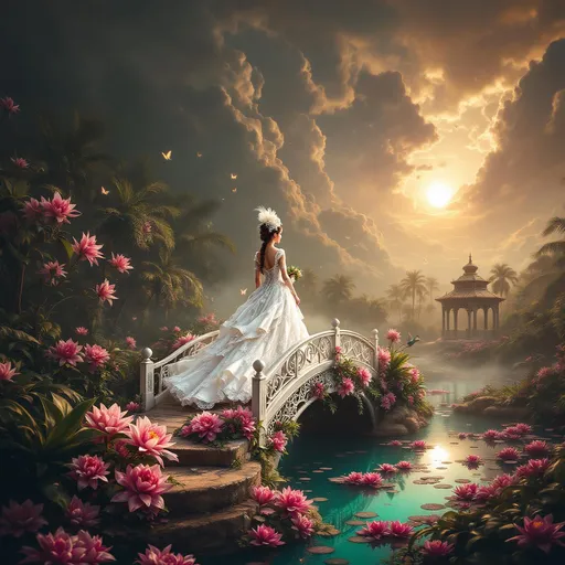 Prompt: A graceful Victorian lady wearing a stunning white lace gown with a fitted corset and a voluminous bustled skirt . A delicate hat adorned with lace and feathers sits atop her carefully braided hair . In her gloved hand she holds a small lace parasol . She is walking across a small decorative white wooden bridge with a roof adorned with intricate ornaments and arabesques. Pink lilies and tropical flowers entwine around the bridge  . The bridge crosses a turquoise pond covered with pink water lilies . Mist. Lush tropical plants and palms . A peacock . A gazebo . Flying butterflies and glowing particles in the air . The most striking element is the sky . Thick, billowing clouds stretch across the sky, heavy and textured with tones of grey, brown, and hints of blue. These clouds seem to part just enough to reveal a glowing band of soft, golden-yellow light near the horizon, suggesting either a sunrise or a sunset. This light gently spills across the landscape, casting a muted radiance that enhances the depth and mystery of the scene. The style of 19th-century realism.