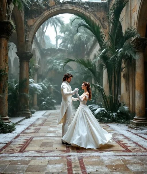 Prompt: In the misty, snowy , overgrown with lush tropical plants and palms covered in frost and snow inner courtyard of a ruined palace its stone floor paved with a faded checkboard pattern A solitary couple- a man in white 18th-century formal attire and a woman in white satin ball gowns and elbow length white satin gloves-gracefully waltz among crumbling columns and arches .