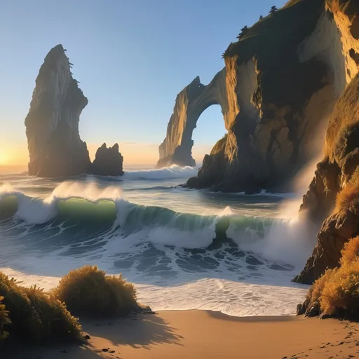 Prompt: Ocean with rolling waves , a portal through a high cliff rock covered in vegetation .  Mist . Glorious golden sunset