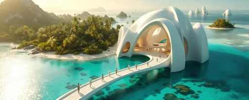 Prompt: An aerial view of a tropical island covered in lush , tropical plants and palms with white sand beaches and surrounded by shallow turquoise waters and coral reefs. On the far side of the island connected by a sleek , white futuristic bridge rises a towering, white, sci-fi, futuristic building standing in the shallow turquoise sea . The building has enormous, sweeping, blending organic-looking arches curving elegantly upwards resembling a luminous , futuristic cathedral. The walls and the arches are smooth creamy-white ( butter color) and softly reflective catching the golden light that floods the inner space. Tall men and tall women with white hair dressed in sleek, white futuristic clothing are walking on the bridge . Mist. Sunlight. In the distance, in the mist , on the sea there are more buildings like this .