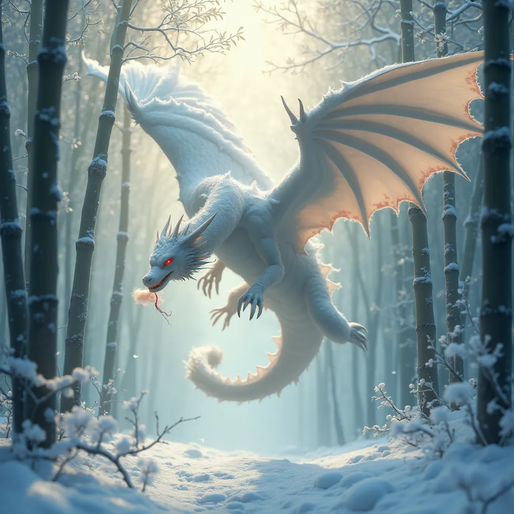 Prompt: A huge, snake-dragon from chinese mythology covered in white, soft fur with large wings , a long tail and glowing red eyes soars high through a snow-covered bamboo forest . Smoke rises from its nostrils as it glides gracefully through the frozen , misty air . Mist . Sunlight .