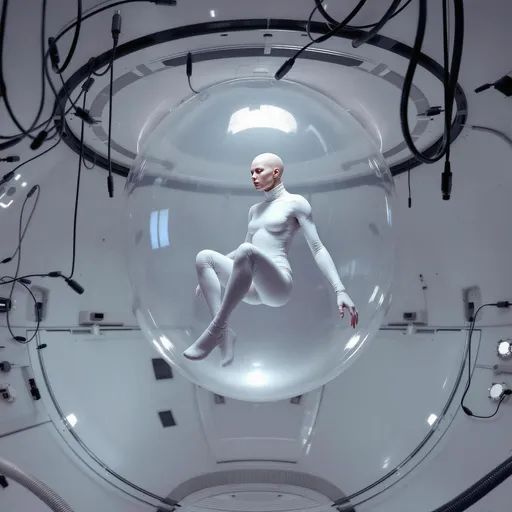 Prompt: A bald humanoid wearing a tight white suit floating inside a hi-tech , sci-fi translucent cocoon suspended in a spherical white sci-fi hi-tech room . Dozens of cables and wires emerge from the cocoon connecting to the outer sphere.