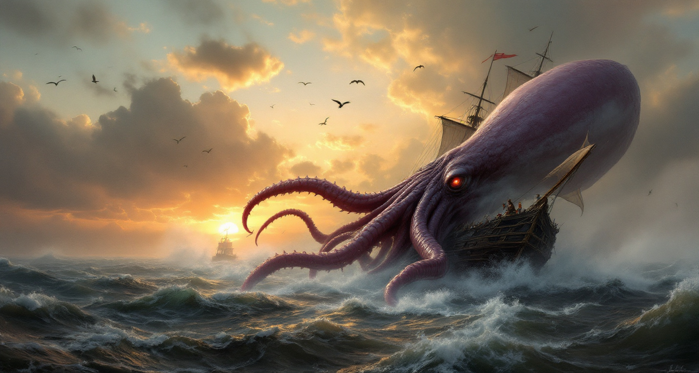 Prompt: A giant squid attacking a sail ship . The sailors fight back with harpoons . Rough sea .Mist. Sunset . Birds flying in the sky .  The style of the 19th-century realism .