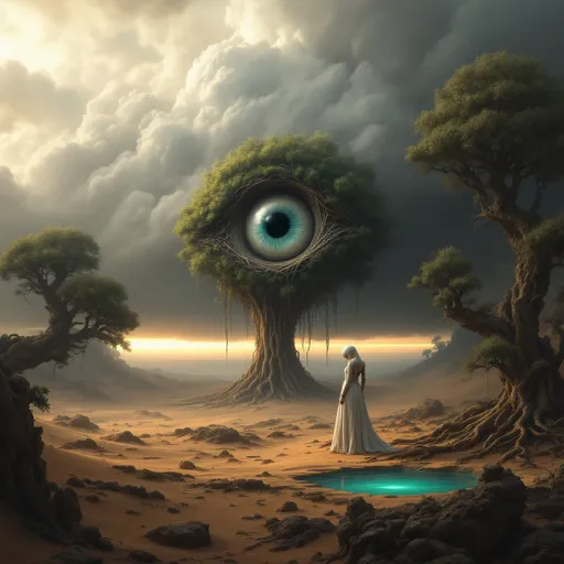 Prompt: A white female robot with her head bowed in front of a gigantic sculpture shaped like an eye in the middle of sand dunes covered by an enchanted, mysterious, lush forest with gnarled, lush, magical trees with tangled web of roots emerging from the ground. Mist. A turquoise pond. The most striking element is the sky . Thick, billowing clouds stretch across the sky, heavy and textured with tones of grey, brown, and hints of blue. These clouds seem to part just enough to reveal a glowing band of soft, golden-yellow light near the horizon, suggesting either a sunrise or a sunset. This light gently spills across the landscape, casting a muted radiance that enhances the depth and mystery of the scene. The style of 19th-century realism.