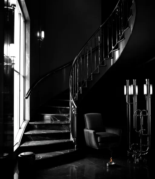 Prompt: An Art Deco spiral staircase with chrome railings, marble steps, vertical light sconces, strong chiaroscuro lighting, glossy surfaces reflecting faint highlights. A very narrow and tall window which let in a faint, moody light. An Art Deco armchair, a modern, tall metallic lamp shaped like a trumpet resting on the floor. A smoldering cigarette on an ashtray. Dramatic lighting. Dramatic shadows. Black and white . 