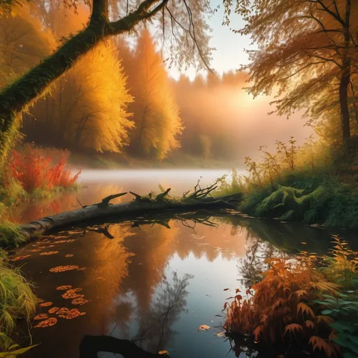 Prompt: A pond surrounded by lush forest in autumn colors . A fallen tree . Lushy bushes and thickets . Big tree partially visible . Mist . Vibrant colors . Magic atmosphere .LIt by golden sunset