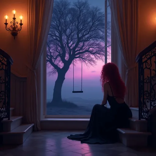 Prompt: A dimly orange lit elegant interior with a grand staircase featuring wrought iron ornate railings . A woman with long red , curly hair and a long , black , flowing dress with thin straps sits by a large open window gazing at a surreal nighttime landscape . Outside a lone tree with a swing stands against a deep , vibrant indigo and purple sky illuminated by a warm , mysterious glow . The scene has a dreamy , nostalgic atmosphere . Mist