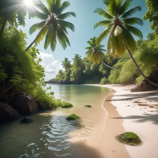 Prompt: A tropical beach with shallow water  with caustic effects covered in green vegetation with wet leaves and coconut trees lit by sun