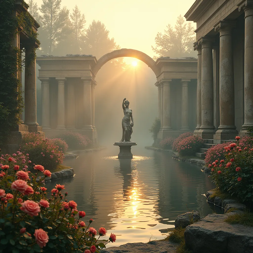 Prompt: a rose garden , a fountain , Aphrodite statue , a pond , greek columns with ruined arches , mist , golden sun
