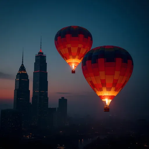 Prompt: Two vividly colored hot air balloons flying at night close and a little above of towering dark silhouettes of skyscrapers against the setting sun their burners glowing with bright flames .  Dark night sky . A magical atmosphere fills the scene with a sense of wonder and adventure .