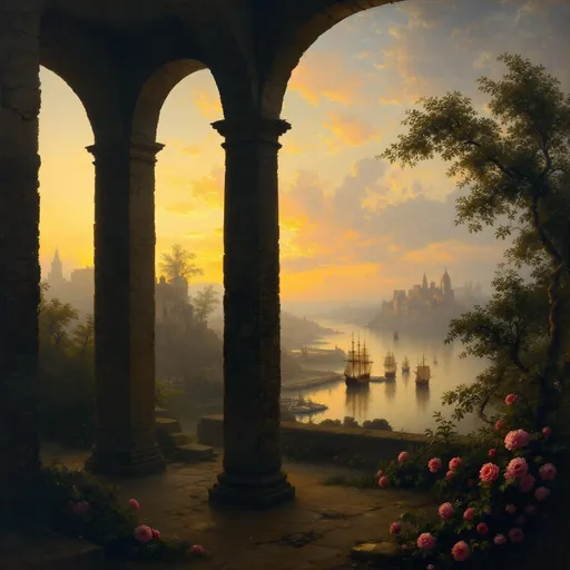 Prompt: Arched ancient ruins. In the distance a harbor with caravels moored at the docks and old buildings. Thickets and pink roses. Sunset. A blend of baroque   nobility and romanticism, dramatic posture and elegant details. A painting in the style of 19th-century realism