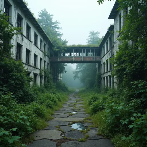 Prompt: An abandoned industrial complex with decaying white buildings , shattered windows and a weathered sky bridge  masked by trees connecting two structures . The surrounding vegetation is overgrown with lushy green trees , bushes and thickets  reclaiming the area . The cracked concrete path is covered in moss and scattered debris leading into the depths of the forgotten site . The atmosphere is eerie yet tranquil as nature slowly overtakes the remnants of human activity . Dense mist . Overcast sky .