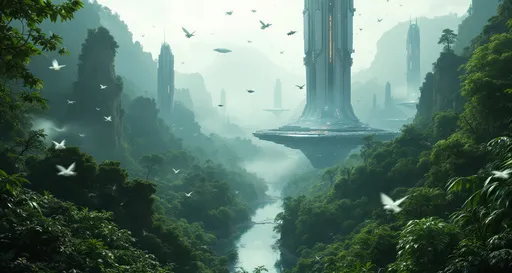 Prompt: A breathtaking fusion of untouched natural beauty and advanced futuristic civilization, likely from a science fiction or fantasy world.
The foreground of the image is dominated by a dense, verdant, lush tropical forest and diverse undergrowth. Birds and flying creatures are scattered through the air, enhancing the sense of a thriving, untouched ecosystem.

As the eye moves toward the background, a river or lake winds peacefully through the forested valley, reflecting the sunlight and adding depth to the landscape. The water glistens subtly, leading the viewer’s gaze toward the far distance, where the image takes a dramatic turn.

Rising out of the misty horizon are several colossal, futuristic structures—tall, sleek towers that suggest advanced architecture and technology. These buildings are partially obscured by fog and sunlight, giving them an ethereal quality. They appear to be floating above or integrated seamlessly into the forest below. Some structures hover in mid-air, supported by unknown technology, while others are built on platforms that rise high above the treetops.

In the sky, various flying vehicles or drones can be seen, traveling between the structures or hovering above the landscape. These craft add a sense of motion and life to the futuristic city, implying a highly developed and interconnected society.

Despite the technological marvels, the natural world dominates the scene, suggesting a harmonious coexistence between nature and civilization. 

The most striking element is the sky . Thick, billowing clouds stretch across the sky, heavy and textured with tones of grey, brown, and hints of blue. These clouds seem to part just enough to reveal a glowing band of soft, golden-yellow light near the horizon, suggesting either a sunrise or a sunset. This light gently spills across the landscape, casting a muted radiance that enhances the depth and mystery of the scene. The style of 19th-century realism .

