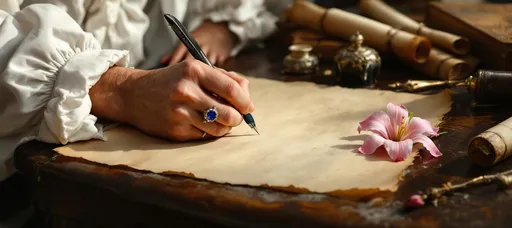 Prompt: The hand of a poet dressed in  a white shirt with puffed sleeves, discreetly embroidered at the cuffs writing with a quill on a smoked, old, yellowed parchment with curled edges. On his finger a masculine ring adorned with a blue sapphire glimmers subtly. On the old writing desk lie a pink lily, old leather books, rolled parchment scrolls, a metal inkwell and a quill holder. Golden sunlight, classical 18th-century atmosphere, refined and poetic composition, shallow depth of field. A painting in the style of 19th-century realism