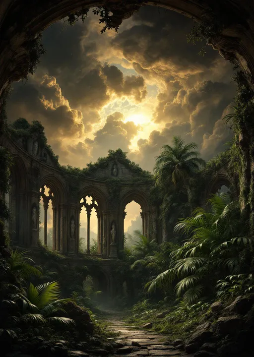 Prompt: The interior of a ruined gothic rotunda with a collapsed ceiling overgrown with lush tropical plants and palms , arched gothic windows, intricate stonework , crumbling gothic statues covered in moss , dramatic shadows , eerie and melancholic atmosphere.
The most striking element is the sky . Thick, billowing clouds stretch across the sky, heavy and textured with tones of grey, brown, and hints of blue. These clouds seem to part just enough to reveal a glowing band of soft, golden-yellow light near the horizon, suggesting either a sunrise or a sunset. This light gently spills across the landscape, casting a muted radiance that enhances the depth and mystery of the scene. The style of 19th-century realism.