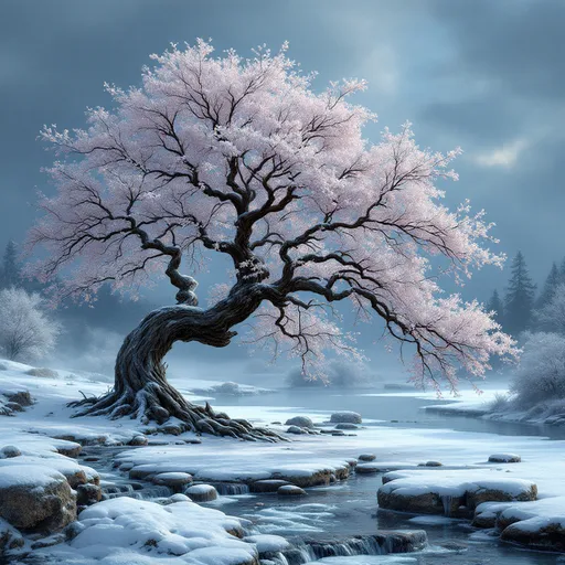 Prompt: A gracefully arching, snowy, blossomed peach tree by a partially frozen , misty river . The scene is enveloped in soft mist with lush greenery and distant trees fading into the background . Rocks in water . The scene captures a timeless moment of contemplation and nature's beauty . Overcast sky .