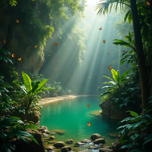 Prompt: Deep jungle , a deep green pool at the foot of a sandstone slope, tropical shrubs , philodendron, tens of butterflies in the air , stones  , mist , sunlight