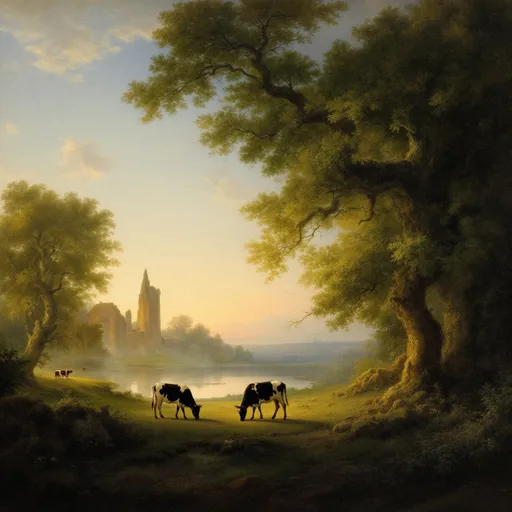 Prompt: A painting in the style of 19th-century realism. A serene, pastoral landscape at twilight. A few cows grazing on a meadow . Massive, lush, gnarled trees. A pond. Mist. Ruins