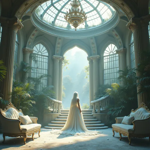 Prompt: A vast, decayed, ruined and covered with overgrown covered with frost lush tropical vegetation a huge rotunda with a glass dome shaped ceiling with ornate wrought iron frames regal white ballroom with an enormous , opulent crystal chandelier . Elegant , worn white-upholstered salon sofas and chairs are arranged around the room and a grand , lavish white staircase with worn steps ascends within . Everything is covered in frost and ice. Vases filled with frozen flowers and statues encased in ice add to the ethereal atmosphere . The two large doors stand open allowing gusts of wind to carry swirling snow inside which settles upon the floor . Golden sunlight streams through the open doors and tall windows casting a warm glow over the frozen grandeur . On the grand staircase stands the Ice Queen draped in a somptuous white satin and lace gown her platinum-white hair styled in an elaborate regal updo . Mist 