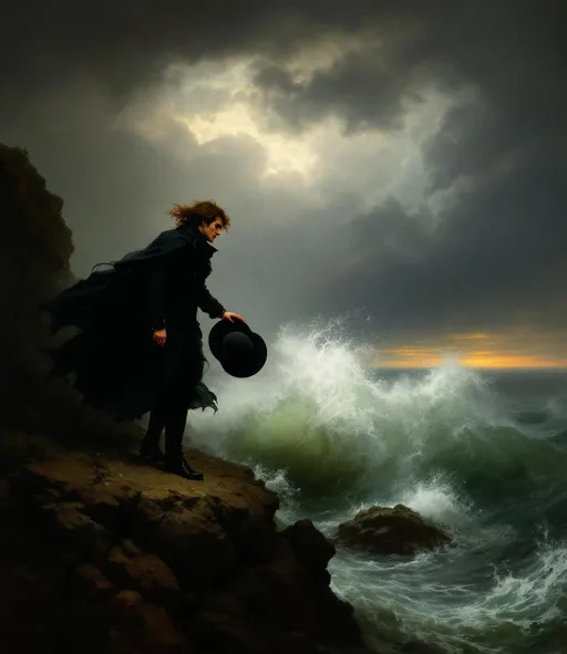 Prompt: A dramatic Romantic-era painting showing a man standing on a rocky cliff at the edge of a stormy sea. The man is dressed in 19th-century attire in black wearing a long coat and holding a dark hat in his right hand. His hair and cloak are blown violently by the wind emphasizing the intensity of the storm around him. He stands near the edge of the rocks leaning slightly forward his left hand touching the stone surface for balance. Beneath him a powerful wave crashes against the rocks sending white foam upward. The sea is turbulent painted in shades of green, gray and white with a sense of motion and chaos.
The sky is filled with heavy, rolling clouds transitioning from dark gray to a faint, pale light on the horizon suggesting the fading light of evening.
The overall atmosphere is dramatic and emotional - a vivid portrayal of man's confrontation with the sublime force of nature where wind, water and rock seem to merge in a scene of majestic turmoil.
A painting in the style of 19th-century realism.