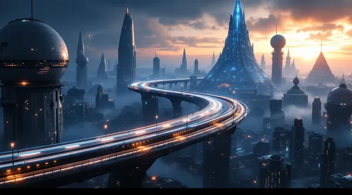 Prompt: A suspended sci-fi information superhighway carrying streams of bright blue and orange light beams winding its way through a dark futuristic sci-fi cityscape. Mist. The highway twists and curves between towering white sci-fi buildings in spherical , pyramidal , truncated cone and truncated pyramid shapes covered with scattered blue and orange lights . Darkness. Sunset .