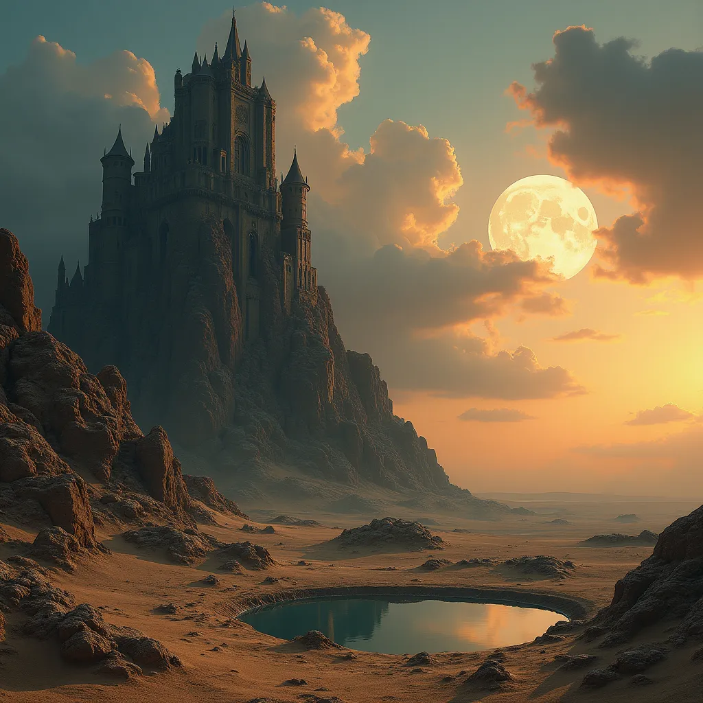 Prompt: A surreal and majestic desert landscape featuring a towering gothic castle on a rocky hill , with a small reflective pool in the foreground . The sky is dramatic , filled with dense clouds , a glowing moon contrasts with the golden hues of a setting sun . The scene evokes a mystical and other worldy atmosphere