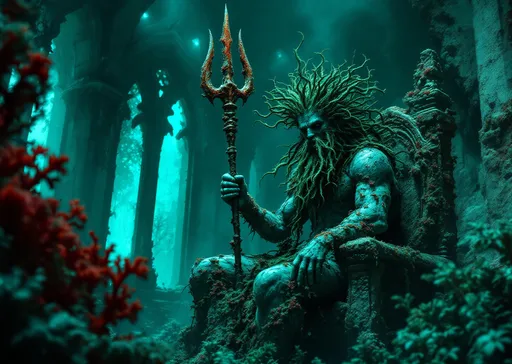 Prompt: The sea god with hair and beard made of seaweed encrusted with barnacles sits on a throne of red coral holding a rusty trident also covered in barnacles inside an underwater ruined gothic edifice with a collapsed ceiling and tall, arched, gothic windows. Mystical underwater ambiance. Seaweed. Dark-cyan fog . Dim light with a bluish-green glow filtering through tall, gothic windows .