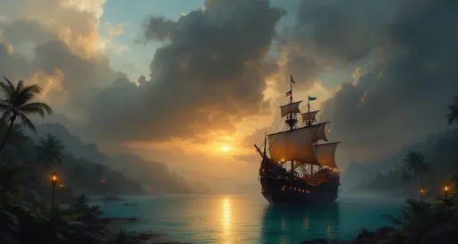 Prompt: A pirate galleon with glowing lanterns on a turquoise misty river in the middle of a lush tropical jungle with plants and palms. The most striking element is the sky . Thick, billowing clouds stretch across the sky, heavy and textured with tones of grey, brown, and hints of blue. These clouds seem to part just enough to reveal a glowing band of soft, golden-yellow light near the horizon, suggesting either a sunrise or a sunset. This light gently spills across the landscape, casting a muted radiance that enhances the depth and mystery of the scene. The style of 19th-century realism.