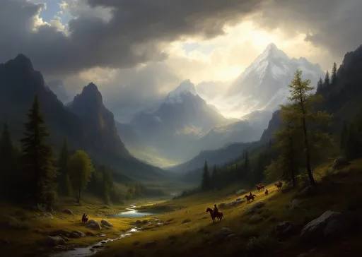 Prompt: A vast, awe-inspiring mountain landscape moments before or during a powerful storm in the style of 19th-century realism . The scene is filled with tension and grandeur.
In the foreground, we see a richly detailed alpine valley filled with lush, green vegetation, tall trees, rocks, and a small tranquil pond or stream. There are also tiny figures on horseback, likely Native Americans, who seem dwarfed by the immensity of nature around them, emphasizing the sublime scale of the environment.
As the eye moves further, the terrain begins to rise dramatically into rocky hills and forested slopes. A sunlit path of light cuts across the rocky outcrops, guiding the viewer’s eye deeper into the mountainous expanse. The contrast between light and shadow is intense, with sunlight breaking through ominous storm clouds to illuminate select parts of the rugged cliffs and slopes.
In the background, the towering peaks of the Rocky Mountains dominate the composition. The highest peaks are covered in snow and dramatically lit by a break in the clouds, creating a mystical, almost divine glow. Massive, dark storm clouds loom above, swirling and billowing, suggesting an impending thunderstorm. A single bird soars in the sky, adding a sense of scale and movement to the scene.
The interplay between light and shadow is one of the most striking features. Chiaroscuro—the strong contrast between light and dark—to dramatize the effects of the storm and the sheer scale of the mountains. The atmosphere shifts from serene and calm in the valley to turbulent and overwhelming in the sky above.
The scene captures the raw power and sublime beauty of nature. It reflects themes of the sublime—a Romantic concept where nature is both beautiful and terrifying. The overwhelming scale, the dramatic weather, and the delicate human presence evoke a deep reverence for the natural world.