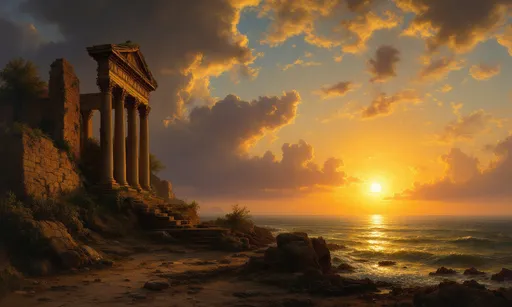 Prompt: A serene coastal landscape at sunset in the style of 19th-century realism. The golden sun is low on the horizon, casting a warm, amber glow across the sky and the gently rippling surface of the sea. The light reflects off the water in a soft, shimmering path that leads the viewer’s eye toward the distant horizon. The sky is richly textured with scattered clouds, illuminated by the sun’s dying rays in hues of orange, pink, and purple, blending beautifully into the darker tones of the impending night.

To the left side of the composition stand the ruins of ancient architecture, suggesting a once-grand structure. The ruins include tall, broken columns and crumbling stone walls, partially covered in foliage. These remnants evoke the passage of time and the grandeur of classical antiquity. The shadows cast by the ruins are deep and contrast sharply with the brilliance of the sunset, enhancing the dramatic atmosphere of the scene.

The shoreline in the foreground is rugged and scattered with rocks and debris, reinforcing the feeling of decay and abandonment. Yet, the overall tone of the painting is not one of despair but of quiet reflection, emphasized by the peaceful sea and the soft, enveloping light.

In the far distance, on the right side near the horizon, a faint silhouette of a ship or possibly more rocky formations can be seen, further adding to the sense of depth and mystery.