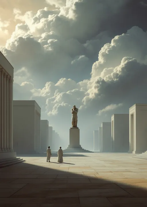 Prompt: A dreamlike deserted sci-fi urban square starkly lit with long shadows that suggests late afternoon . The light source is low and strong casting elongated shadows from the buildings , statue and figures across the ground.
At the center stands a Greek thinker statue. The statue is elevated on a pedestal and casts a dominating shadow that stretches toward the lower left corner.
White sci-fi buildings are flanking the square
Two small human figures dressed in white sci-fi clothes stand together to the left of the statue facing each other. Their presence emphasizes the vast emptiness of the square and adds a sense of isolation or mystery.
The entire scene is steeped in a surreal, mysterious stillness where time seems frozen. The empty square , long shadows and unusual color contrasts create an enigmatic almost dreamlike tension. Mist. Despite the classical architecture the scene feels oddly depopulated and filled with existential unease.
The most striking element is the sky . Thick, billowing clouds stretch across the sky, heavy and textured with tones of grey, brown, and hints of blue. These clouds seem to part just enough to reveal a glowing band of soft, golden-yellow light near the horizon, suggesting either a sunrise or a sunset. This light gently spills across the landscape, casting a muted radiance that enhances the depth and mystery of the scene. The style of 19th-century realism.
