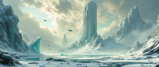 Prompt: A colossal, towering, derelict monolithic structure of alien technology covered in intricate grooves and striations in the middle of a misty frozen land surrounded by ice cliffs. A turquoise, frozen lake. Wind blown snow. Flying alien spaceships. Clouds of swirling snow. Sunlight. A painting in the style of 19th-century realism.