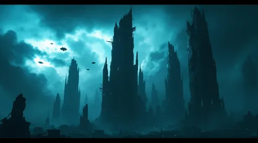 Prompt: A dark , dystopian scene of a post-apocalyptic city. The scene is bathed in deep , cold shades of blue and black capturing a foreboding and post-apocalyptic atmosphere . Towering, spire-like structures dominate the background - these jagged silhouettes resemble decaying skyscrapers or gothic cathedrals constructed not by human hands but by alien, machine logic. Their surfaces are irregular and harsh , made of dark metallic materials with occasional glowing spots that hint at internal activity . Hovering in the sky several dark , sleek flying ships with red thrusters are barely visible against the night clouds patrolling the area . To the left a small group of bright , bluish lights pierces the gloom-possibly surveillance                                     drones or a machine transport unit navigating between the structures .
The sky is a central element in the composition casting an eerie glow behind the silhouetted towers . It is overcast with thick , fast-moving storm clouds illuminated by a pale almost supernatural blue light . This illumination seems to emanate from a hidden artificial source giving the clouds a silver-blue lining . The interplay of shadow and light gives the impression of an unnatural , oppressive sky - as if the heavens themselves are electrified and alive . 