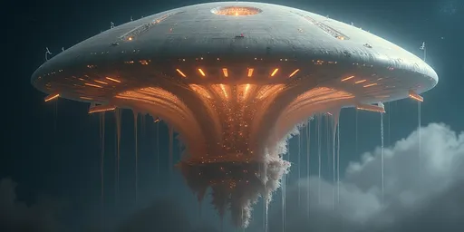 Prompt: A massive jellyfish-shaped sci-fi space station drifts silently through the cosmic void . Its upper half is a colossal, smooth metallic dome with a translucent sheen glowing softly with reflected starlight and the warm hues of the sun . The dome disperses streams of charged particles of solar wind in soft, swirling patterns of light across its curved surface . The surface is dotted with luminous panels , antennae and docking bays barely visible through the glimmer. Beneath the dome a dangling city with shimmering lights. Ethereal light rays pierce through the surrounding mist giving the structure a sacred , otherworldy presence. It is both majestic and haunting - alost city of the stars .