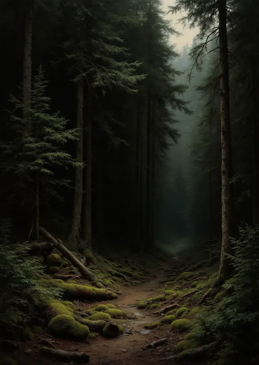 Prompt: A dense, coniferous forest in the style of 19th-century realism , likely in a northern or mountainous region, given the types of trees and moss-covered ground. The forest is dominated by tall pine and spruce trees, their trunks rising vertically and closely spaced, creating a sense of enclosure and depth. The canopy overhead is thick, allowing only a limited amount of light to filter through, casting the forest floor in dim, dappled shadows.

The ground is uneven and covered in a thick layer of moss, fallen branches, and decaying logs, giving the scene a sense of ancient, untouched wilderness. The rich green hues of the moss contrast with the earthy browns of the soil and tree trunks. Some tree trunks are broken or fallen, adding to the wild, naturalistic atmosphere of the forest.

In the background, the forest becomes darker and more mysterious, with shadows deepening as the trees recede into the distance. This creates a tunnel-like effect, drawing the viewer’s eye deeper into the scene. There is a small clearing where a faint patch of light illuminates the mossy ground, hinting at an opening or a path further in.

The overall mood of the painting is tranquil yet slightly eerie, evoking the quiet solitude of an undisturbed forest. The artist has paid great attention to detail, especially in the textures of the bark, moss, and fallen wood, making the scene feel vividly lifelike.

