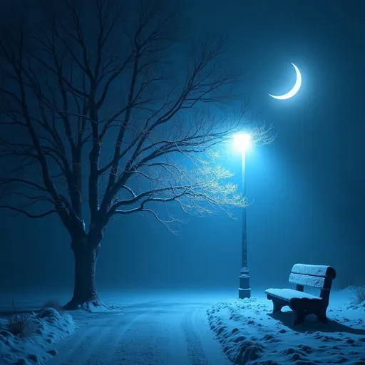 Prompt: 1850 , a foggy, bright winter night, crescent moon illuminates everything in a bright  blue magic , ethereal light , street light on, the light diffuses in the fog, a frosty huge tree and a  frosty bench  , magic and ethereal atmosphere